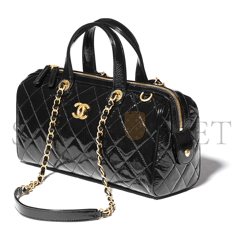Ch*el large bowling bag patent crumpled calfskin & gold-tone metal black as5579 (31*17*13cm)